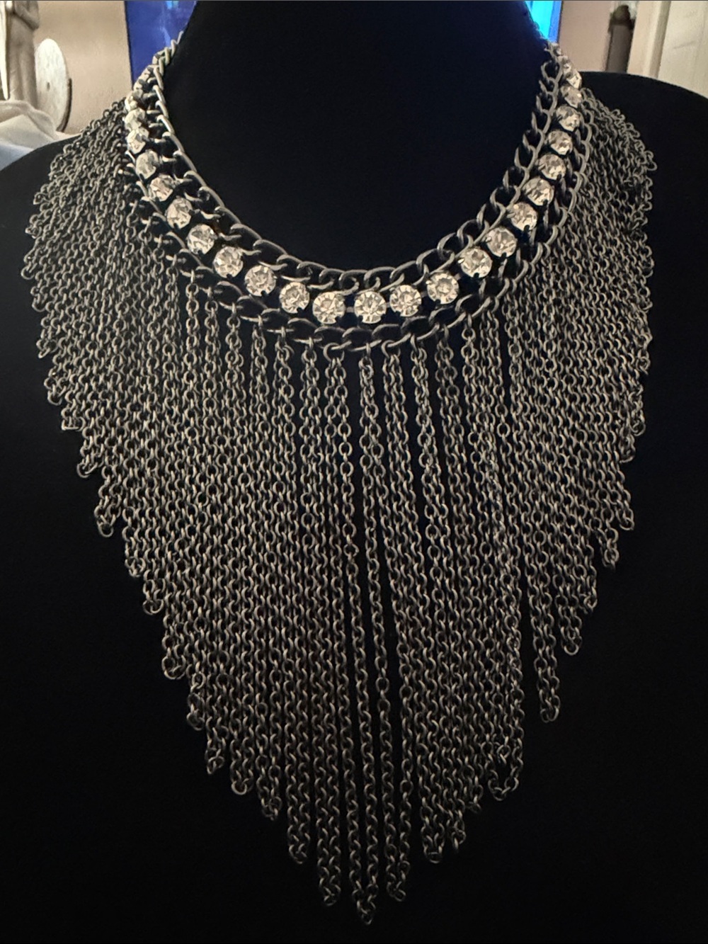 Hematite grey chains graduated clear large crystals adjustable necklace